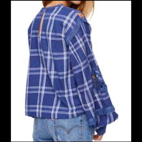 Free People Navy Plaid Top - Picture 6 of 8